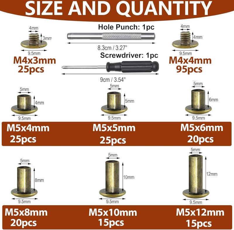 Socell 120Sets Chicago Screws Kit, 6 Sizes Chicago Screws for Leather,Binding Screws Leather Rivet kit for Crafts, Clothing, Shoes, Belts, Bags, and Custom-Made Items(Bronze, M5*4,5,6,8,10,12) - Image 2
